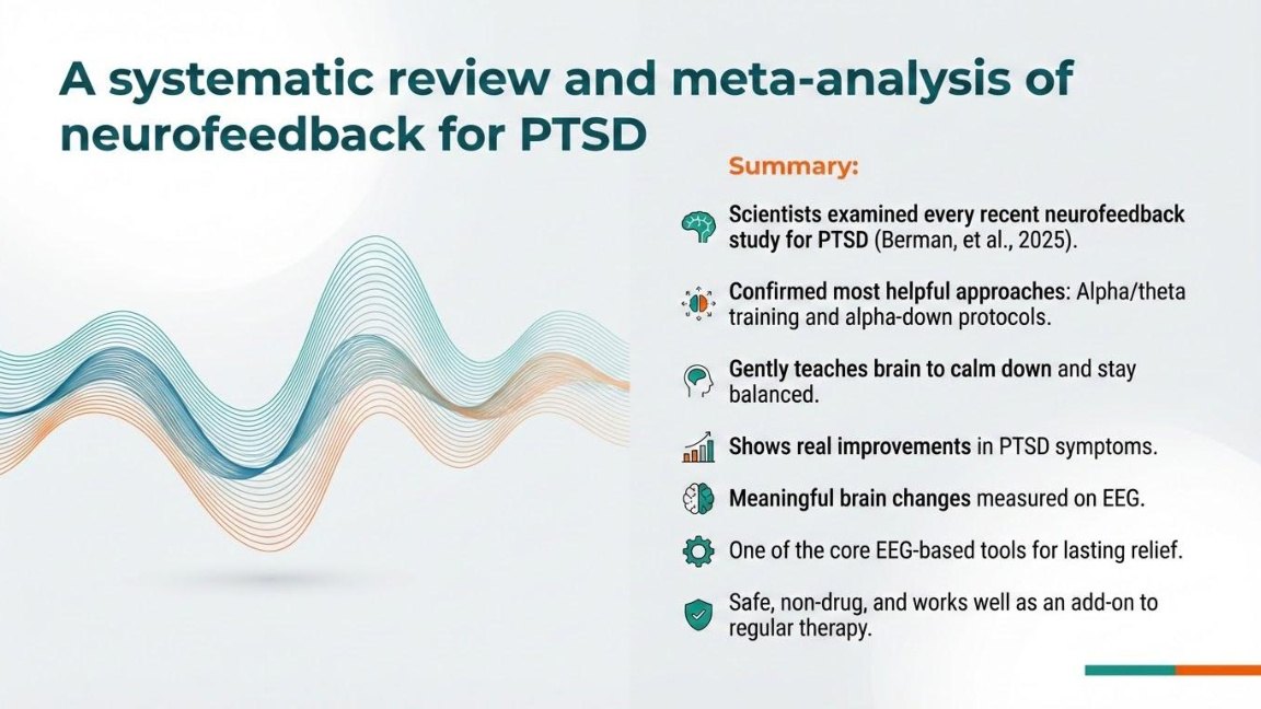 Slide summarizing Berman et al. 2025 meta-analysis of neurofeedback for PTSD