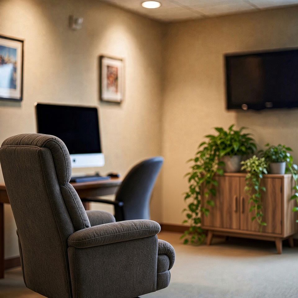 Neurofeedback session room with recliner, feedback monitor, and training desk